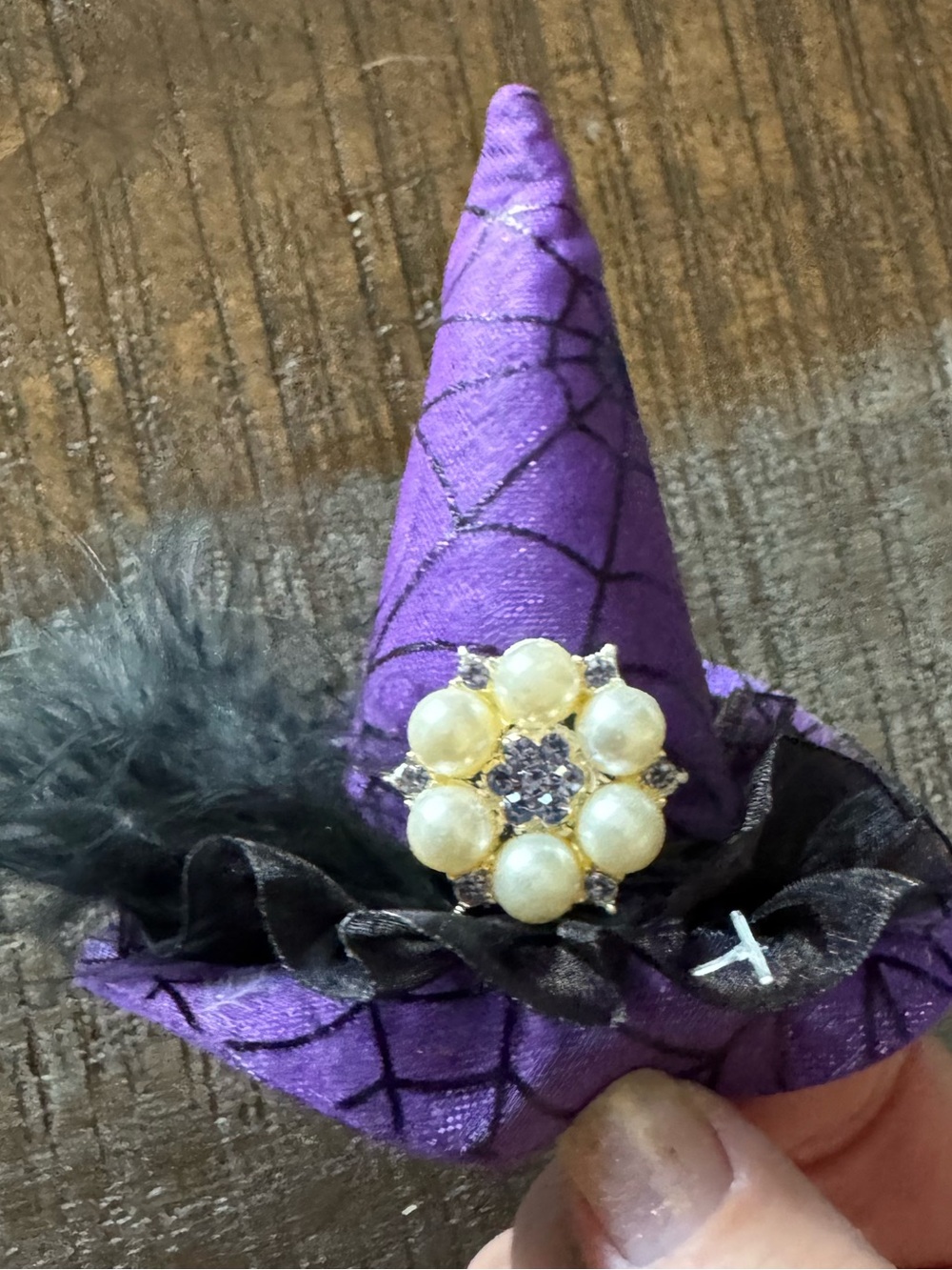 Handcrafted Witch Hat Hair Clip With Feathers and Jewels Halloween
